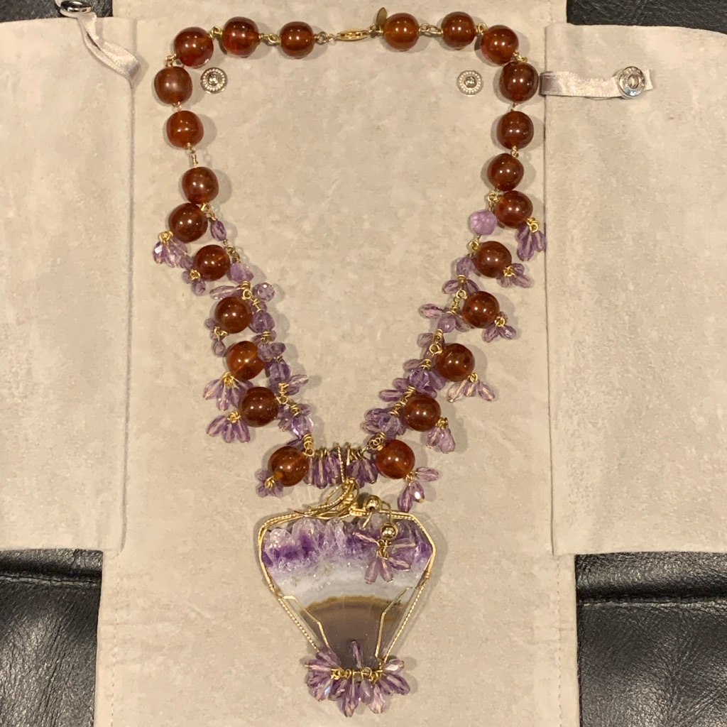 Beautiful Amber And Crystal Necklace With 14k Gold